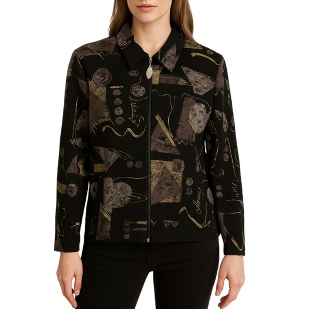 Ribkoff Abstract Zip Jacket Black Gold Textured Retro Modern Statement Blazer